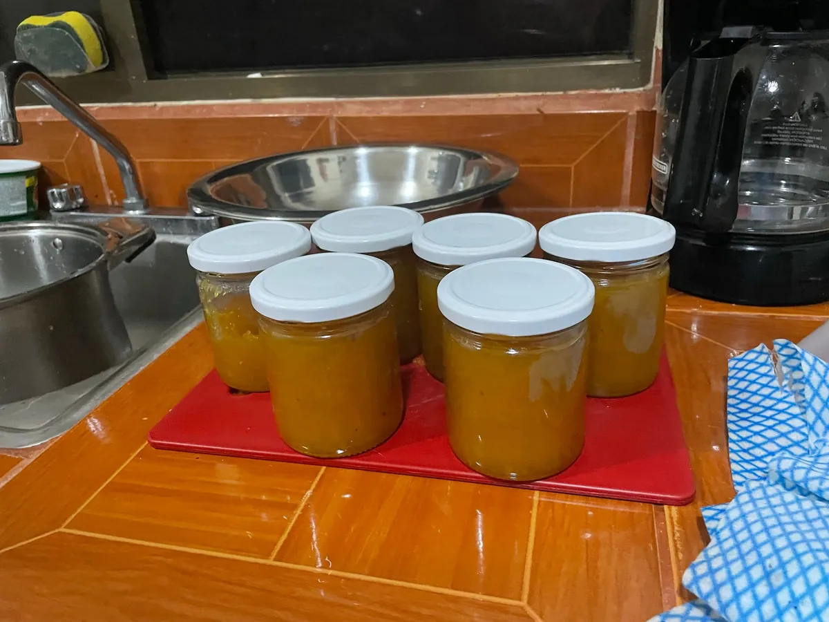 Frascos de mermelada recién envasados enfriando