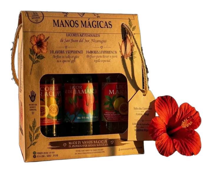 Caja de regalo de kraft de Manos Mágicas con tres botellas de licor