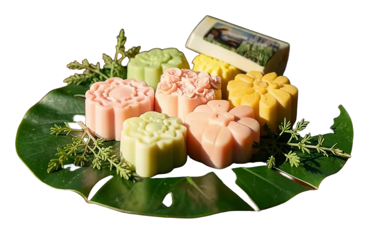 Jabones artesanales con forma de flor sobre un plato