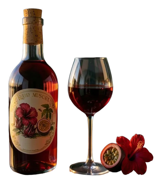 Etiqueta del hidromiel Rubí del Sur con flor de jamaica y maracuyá